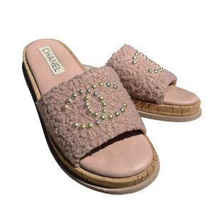 CHANEL Women’s Pink Bouclé Iridescent Pearl CC Slide Sandals Cork Platform 41